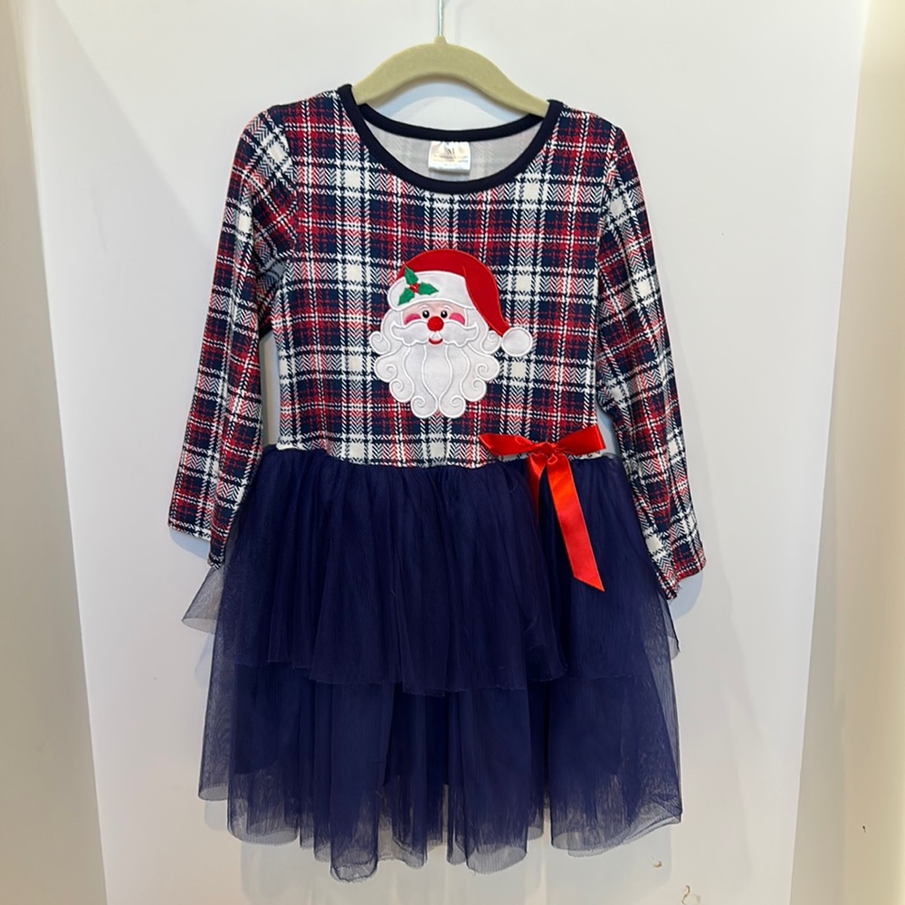 Little girl’s Christmas Santa Dress, size 5/5T, plaid too with navy tulle skirt